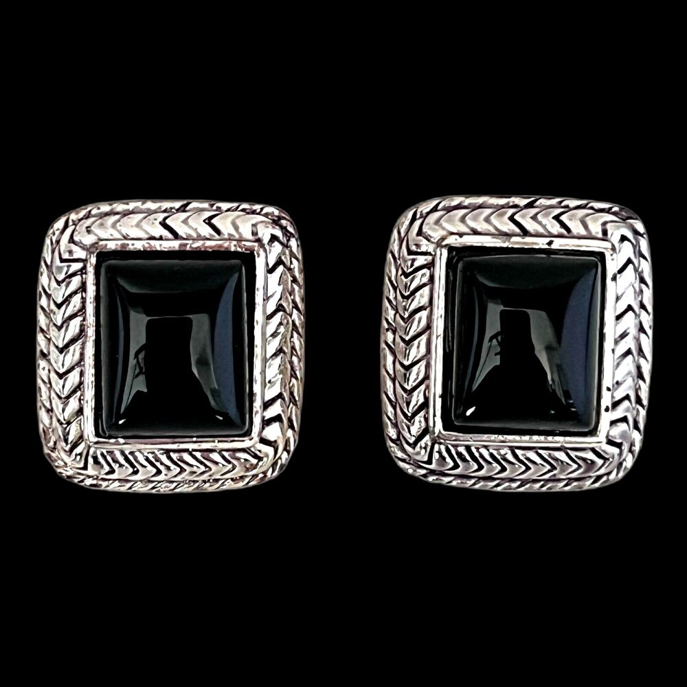 Vintage 1980s Roman Black Cabochon Earrings Antique Silver Tone - 2H